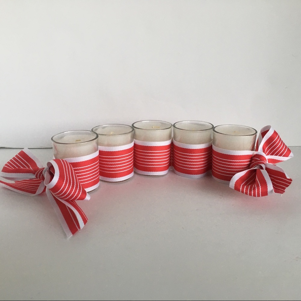 Christmas votive Candles red white ribbon bows 10" long 2" high White candle
